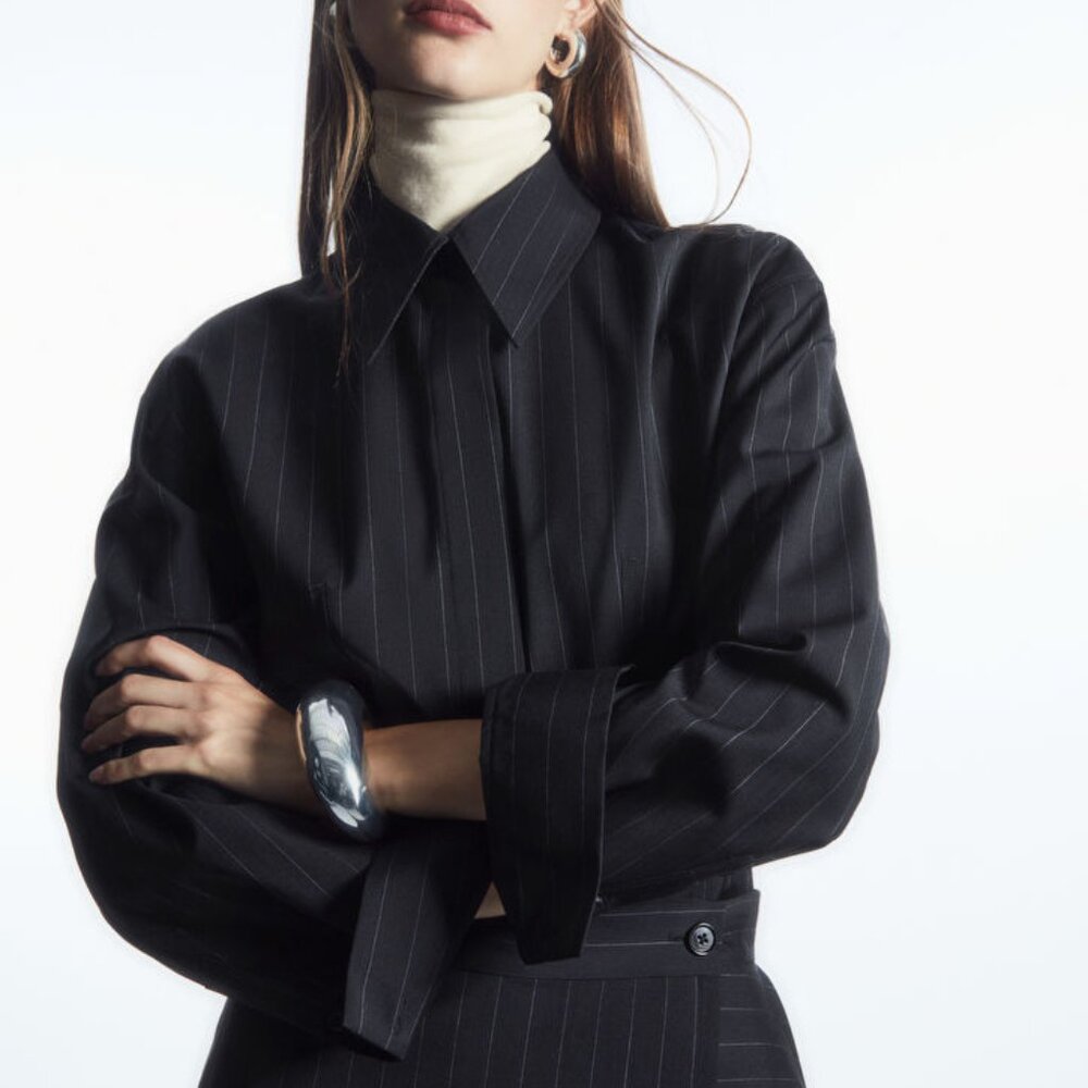 COS WAISTED WOOL SHIRT navy pinstripes button down